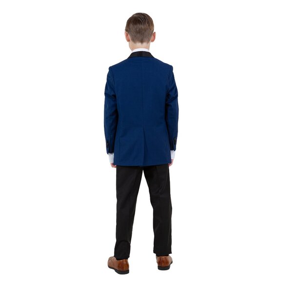 Boys 4pc Blue Suit Set Slim-Fit w/ Tuxedo Look by Tazzio - Picture 2 of 4